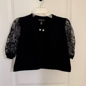 Formal black shawl/cardigan with lace sleeves and pearl clasp